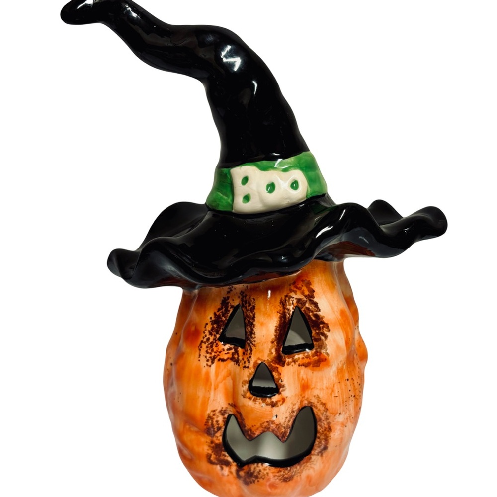 Vintage Ceramic Pumpkin Tea Light Witch Hat Decor